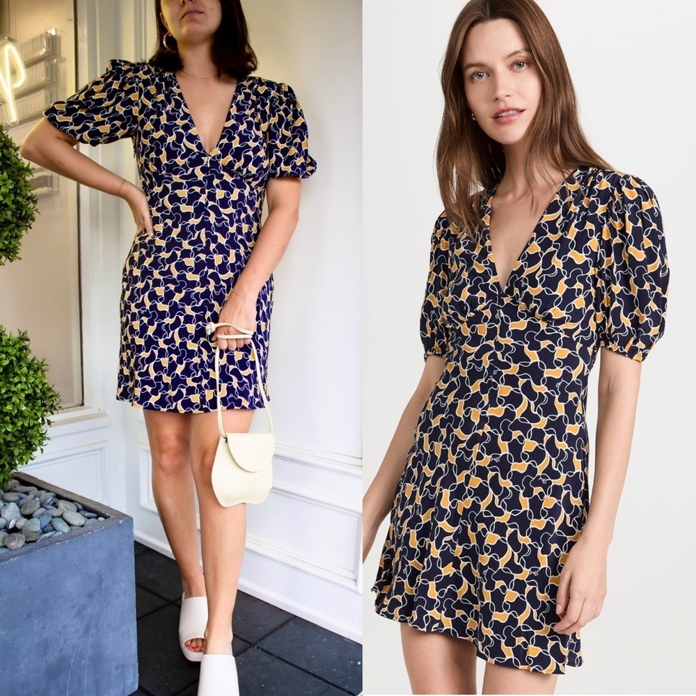 STAUD 90s Navy Abstract Print Puff Short Sleeve V-Neck Empire Waist Dress 10 - Picture 3 of 7